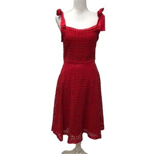 Carolina Herrera Fit And Flare Dress Womens 4 Eyelet Lace Red Coquette Romantic